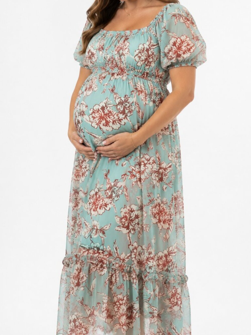 Flowy Spring Midi Dress with Smocked Back and Puffed Sleeves Size L Maternity